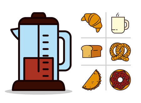 french press coffee and bakery products icon set over white background, line and fill style, vector illustrationのイラスト素材