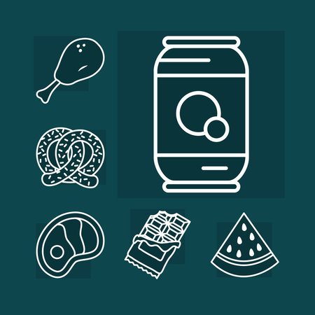 soda can and food icon set over green background, line style, vector illustrationのイラスト素材