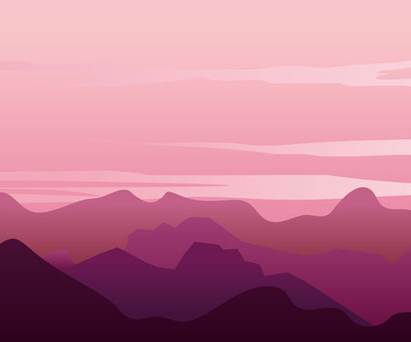 pink and purple landscape with silhouettes of beautiful mountains and hills, colorful design, vector illustrationのイラスト素材