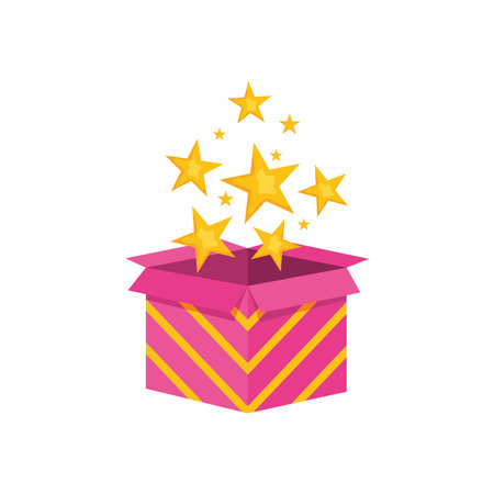 pink box with stars coming out over white background, colorful design, vector illustrationのイラスト素材