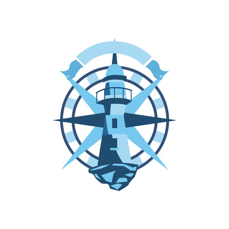 Lighthouse on compass with ribbon design Sea coast ocean water nautical tower building navigation travel marine and beach theme Vector illustrationのイラスト素材