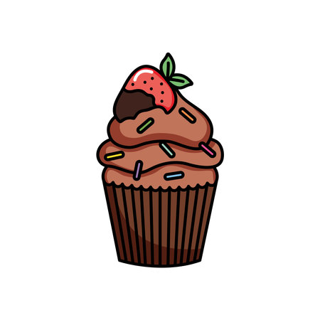 chocolate cupcake with decorative chips and strawberry over white background, colorful design, vector illustrationのイラスト素材