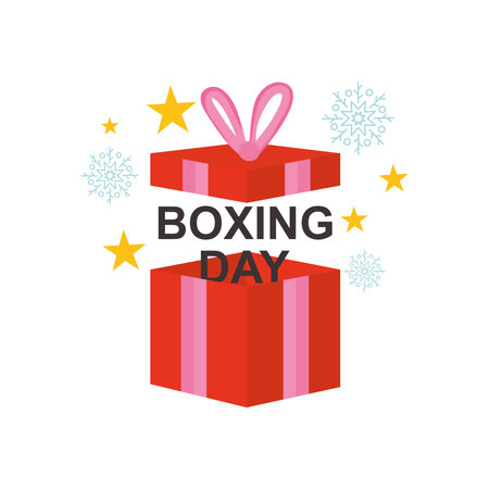boxing day concept, open gift box with snowflakes and stars around over white background, colorful design, vector illustrationのイラスト素材