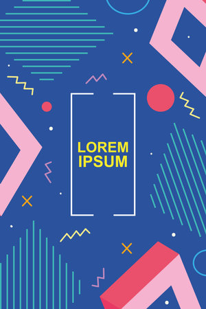 Colorful blue memphis design with lines and geometric shapes, vector illustration