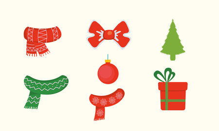 merry christmas scarfs and icon set design, winter season and decoration theme Vector illustrationのイラスト素材