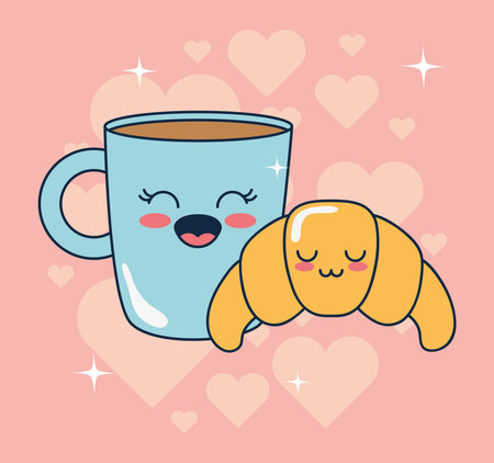 kawaii coffee mug and croissant icon over pink background, flat style, vector illustrationのイラスト素材