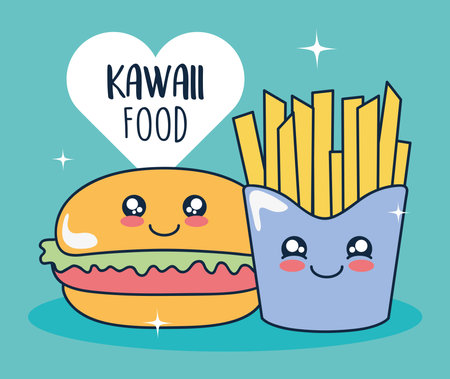 kawaii food design with hamburger and french fries over blue background, colorful design, vector illustrationのイラスト素材