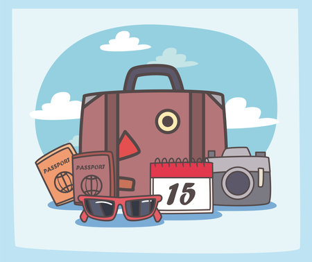 travel bag passports calendar camera and glasses design, trip tourism and journey theme Vector illustrationのイラスト素材