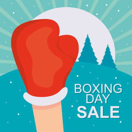 boxing day sale design with hand with boxing glove over landscape background, colorful design, vector illustrationのイラスト素材