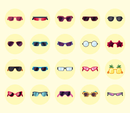 set eyeglasses of different styles, on round frames vector illustration designのイラスト素材