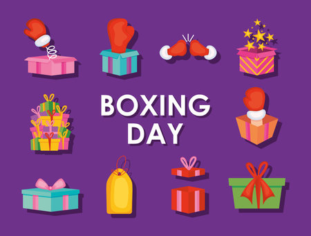 boxing day and gift boxes icon set over purple background, colorful design, vector illustrationのイラスト素材