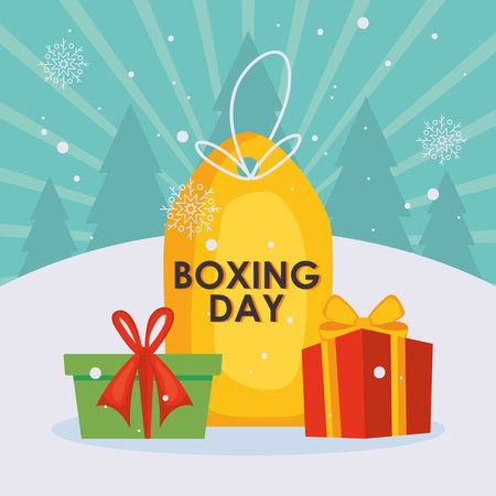 boxing day design with price tag and gift boxes over winter landscape background, colorful design, vector illustrationのイラスト素材