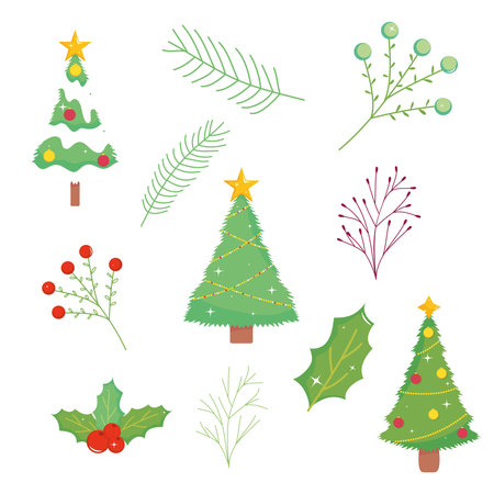 merry christmas pine trees leaves and berries design, winter season and decoration theme Vector illustrationのイラスト素材