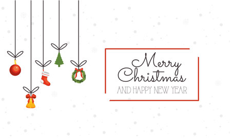 merry christmas and happy new year with icons hanging design, winter season and decoration theme Vector illustrationのイラスト素材