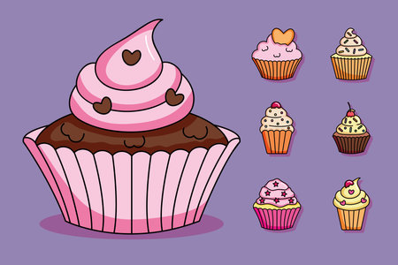 cupcake and sweet cupcakes icon set over purple background, colorful design, vector illustrationのイラスト素材
