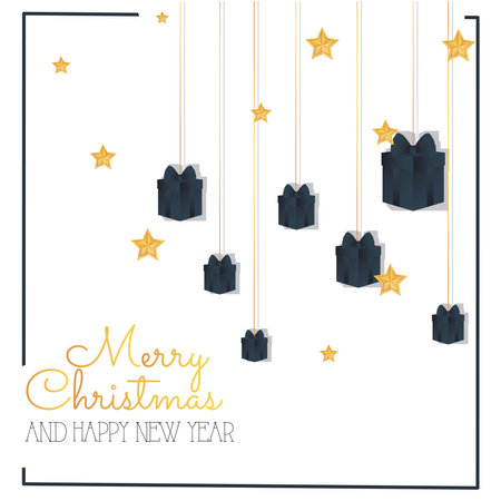 merry christmas gold gifts hanging and stars design, winter season and decoration theme Vector illustrationのイラスト素材