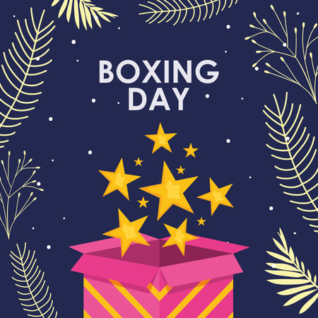 boxing day design with pink box and stars coming out over blue background, colorful design, vector illustrationのイラスト素材