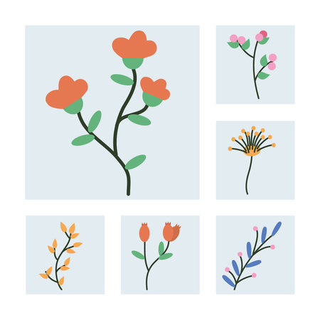 flowers and tropical leaves icon set over white background, half line half color style, vector illustrationのイラスト素材