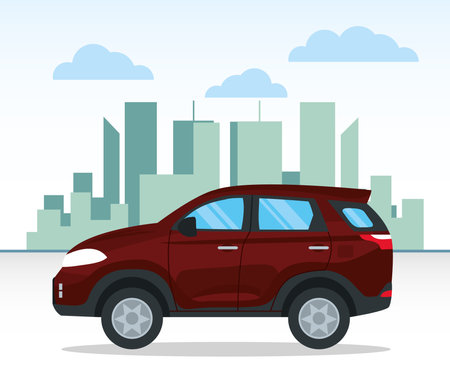 red suv over city landscape and white background, colorful design, vector illustrationのイラスト素材