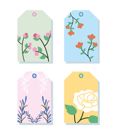 icon set of tag with floral designs over white background, half line half color style, vector illustrationのイラスト素材