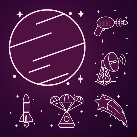spacial gun and space icon set over purple background, line style, vector illustrationのイラスト素材