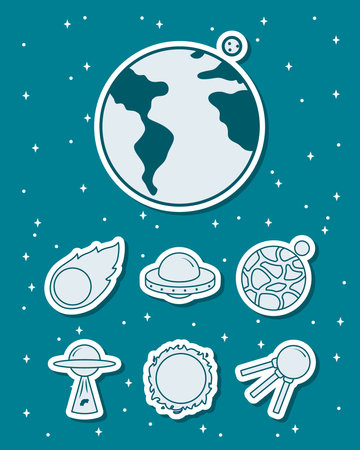 earth planet and space icon set over turquoise background, line style, vector illustrationのイラスト素材