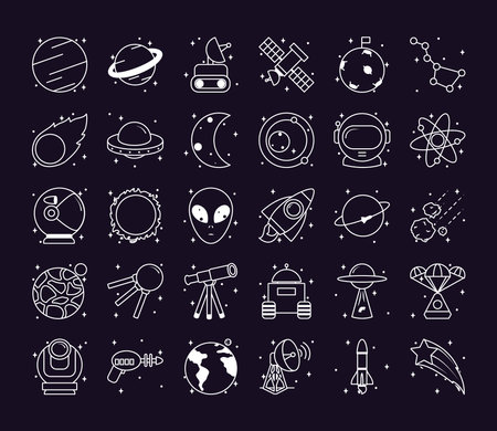 space icon set over black background, line style, vector illustrationのイラスト素材