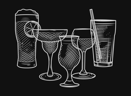 beer glass and alcoholic drinks over black background, sketch style, vector illustrationのイラスト素材