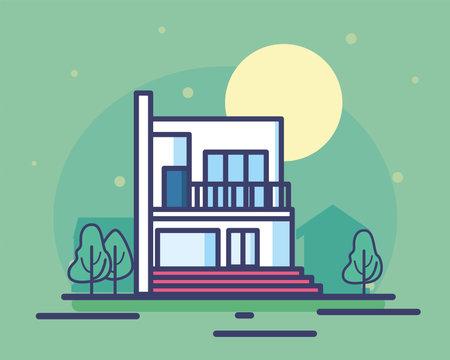 House and sun on green background line and fill style icon design, Home real estate building theme Vector illustrationのイラスト素材