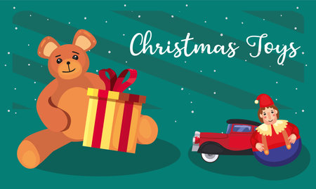merry christmas toys teddy with gift and car design, winter season and decoration theme Vector illustrationのイラスト素材