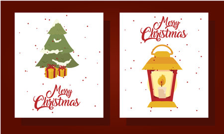 merry christmas pine tree and lantern design, winter season and decoration theme Vector illustrationのイラスト素材
