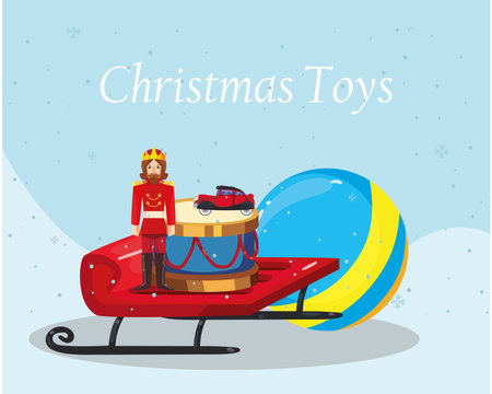 merry christmas toys ball prince drum and car on sled design, winter season and decoration theme Vector illustrationのイラスト素材