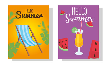 hello summer sun chair cocktail and watermelons design, vacation and tropical theme Vector illustrationのイラスト素材
