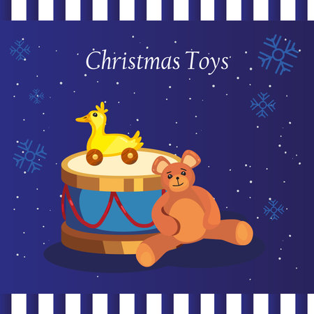 merry christmas toys teddy bear drum and duck design, winter season and decoration theme Vector illustrationのイラスト素材