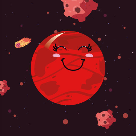 red kawaii planet with asteroids of space futuristic and cosmos theme Vector illustrationのイラスト素材