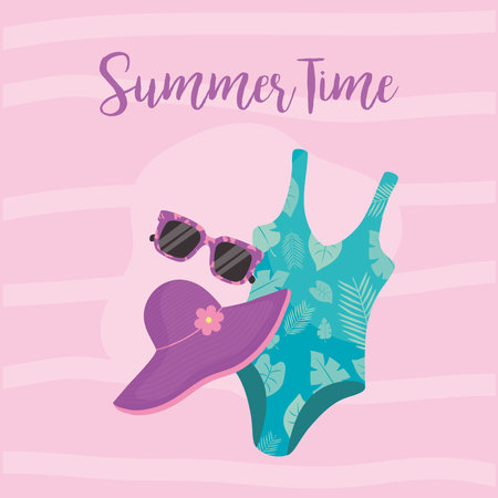 Summer time swimwear hat and glasses design, vacation and tropical theme Vector illustrationのイラスト素材