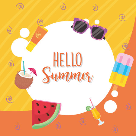 hello summer label with icon set design, vacation and tropical theme Vector illustrationのイラスト素材