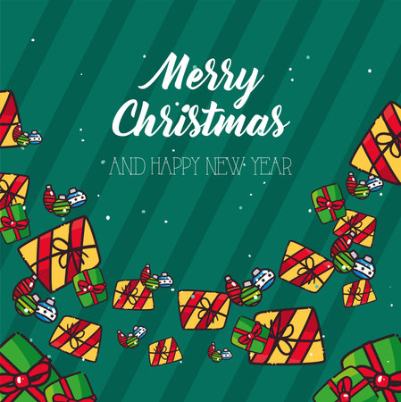 merry christmas green and yellow gifts flat style icon design, winter season and decoration theme Vector illustrationのイラスト素材