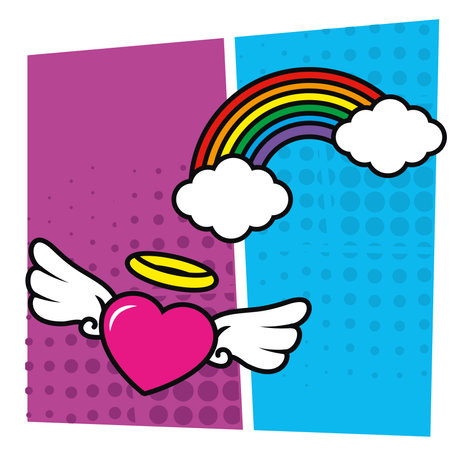 pop art heart with wings and rainbow design of retro expression comic theme Vector illustrationのイラスト素材