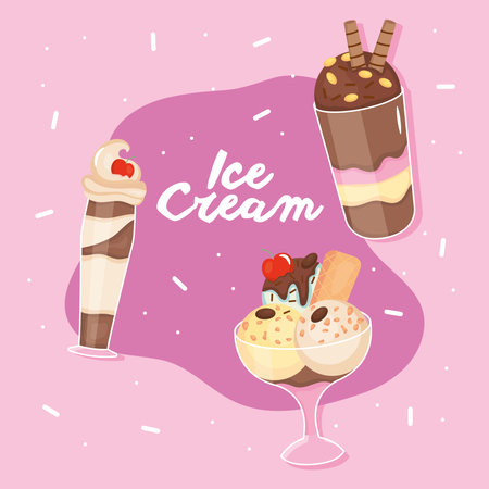 ice creams and milkshake over pink background, colorful design, vector illustrationのイラスト素材