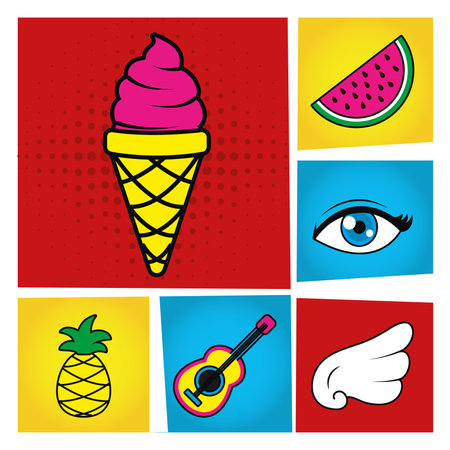 pop art ice cream and icon set design of retro expression comic theme Vector illustrationのイラスト素材