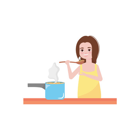 happy woman holding a wooden spoon and hot saucepan pot over white background, colorful design, vector illustrationのイラスト素材