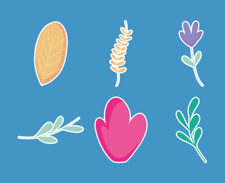 icon set of leaves and flowers over blue background, colorful design, vector illustrationのイラスト素材