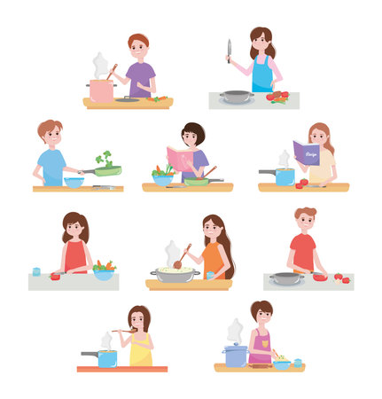 cartoon happy people cooking with kitchen elements around over white background, colorful design, vector illustrationのイラスト素材