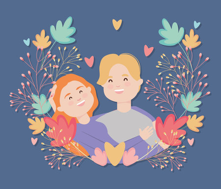 cartoon young couple with colorful leaves and flowers wreath over blue background, vector illustrationのイラスト素材
