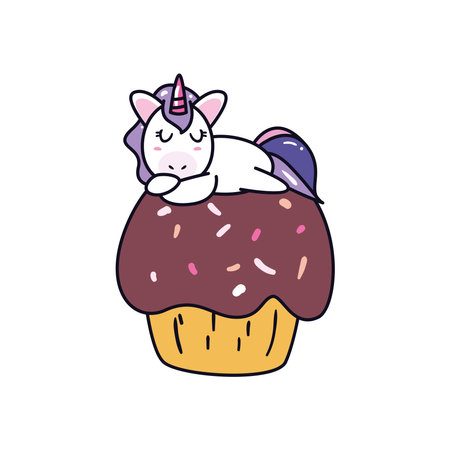unicorn horse cartoon on muffin design, magic fantasy fairytale childhood theme Vector illustrationのイラスト素材