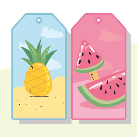 Summer pineapple and watermelons ice creams in labels design, vacation and tropical theme Vector illustrationのイラスト素材