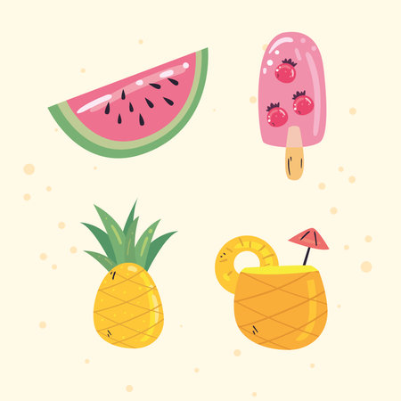 Summer watermelon ice cream pineapple and cocktail design, vacation and tropical theme Vector illustrationのイラスト素材