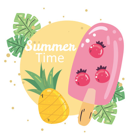 Summer time pineapple and ice cream with leaves design, vacation and tropical theme Vector illustrationのイラスト素材