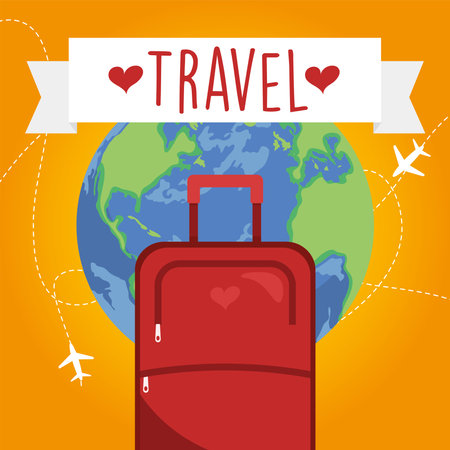 travel bag in front of world design, trip tourism and journey theme Vector illustrationのイラスト素材